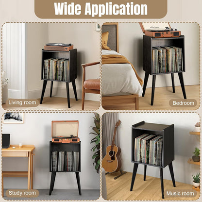 Record Player Stand – Mid-Century Vinyl Record Storage Stand Holds up to 160 Albums, Small Space Record Player Organizer Shelf with Wood Legs, Turntable Stand for Living Room, Bedroom