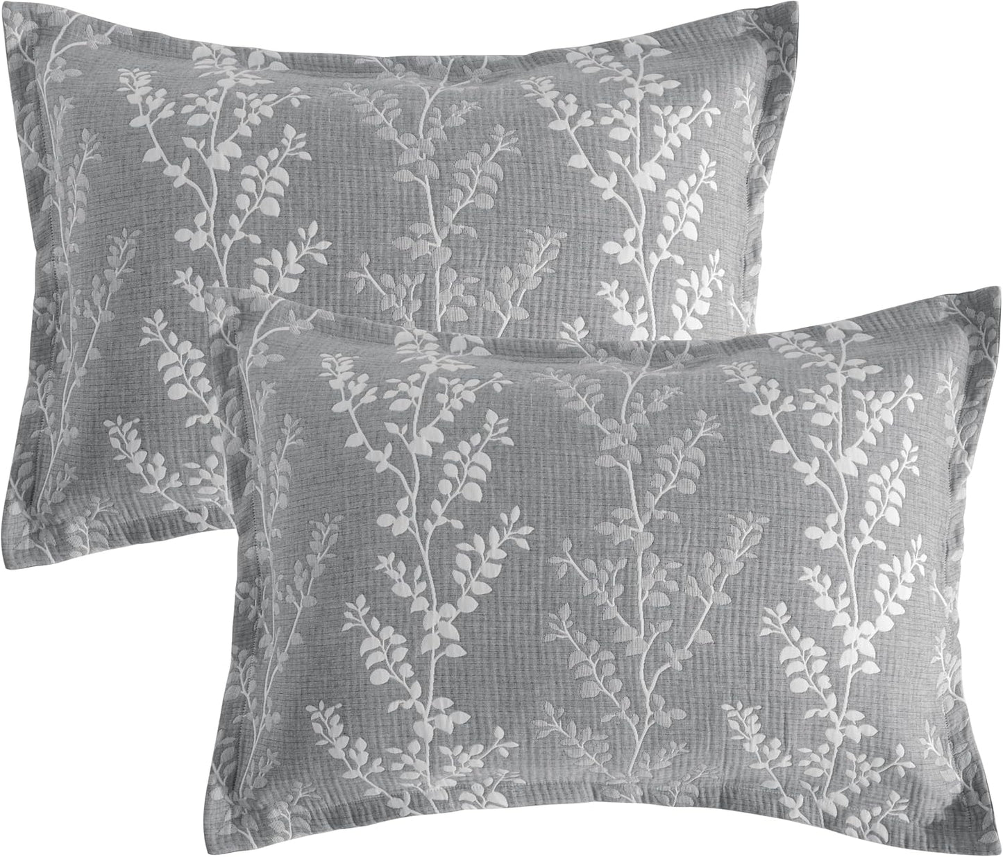 Cotton Queen Pillow Shams, 3 Layer Muslin Breathable Soft Thermal Yarn Dyed Sham Covers, 2 Pack 20X30 Oxford Pillowcases with Envelope Closure, Grey Tree