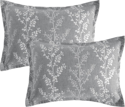 Cotton Queen Pillow Shams, 3 Layer Muslin Breathable Soft Thermal Yarn Dyed Sham Covers, 2 Pack 20X30 Oxford Pillowcases with Envelope Closure, Grey Tree