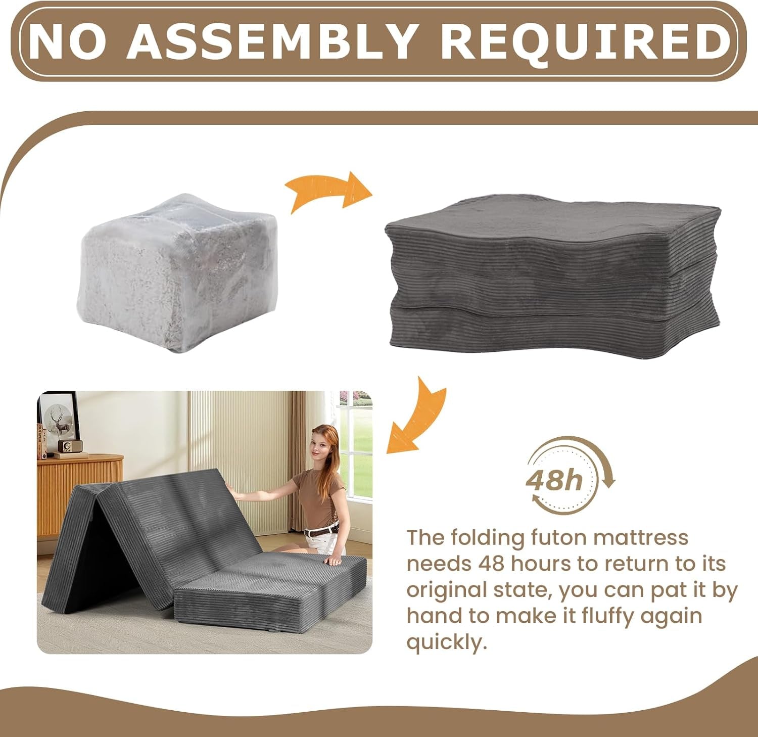 6-Inch Tri-Fold Mattress Full Size - Foldable Futon Sofa Bed with Removable Washable Cover, Folding Memory Foam Futon Mattress | Non-Slip Bottom & Carry Handles for Guest, Camping, Dorm