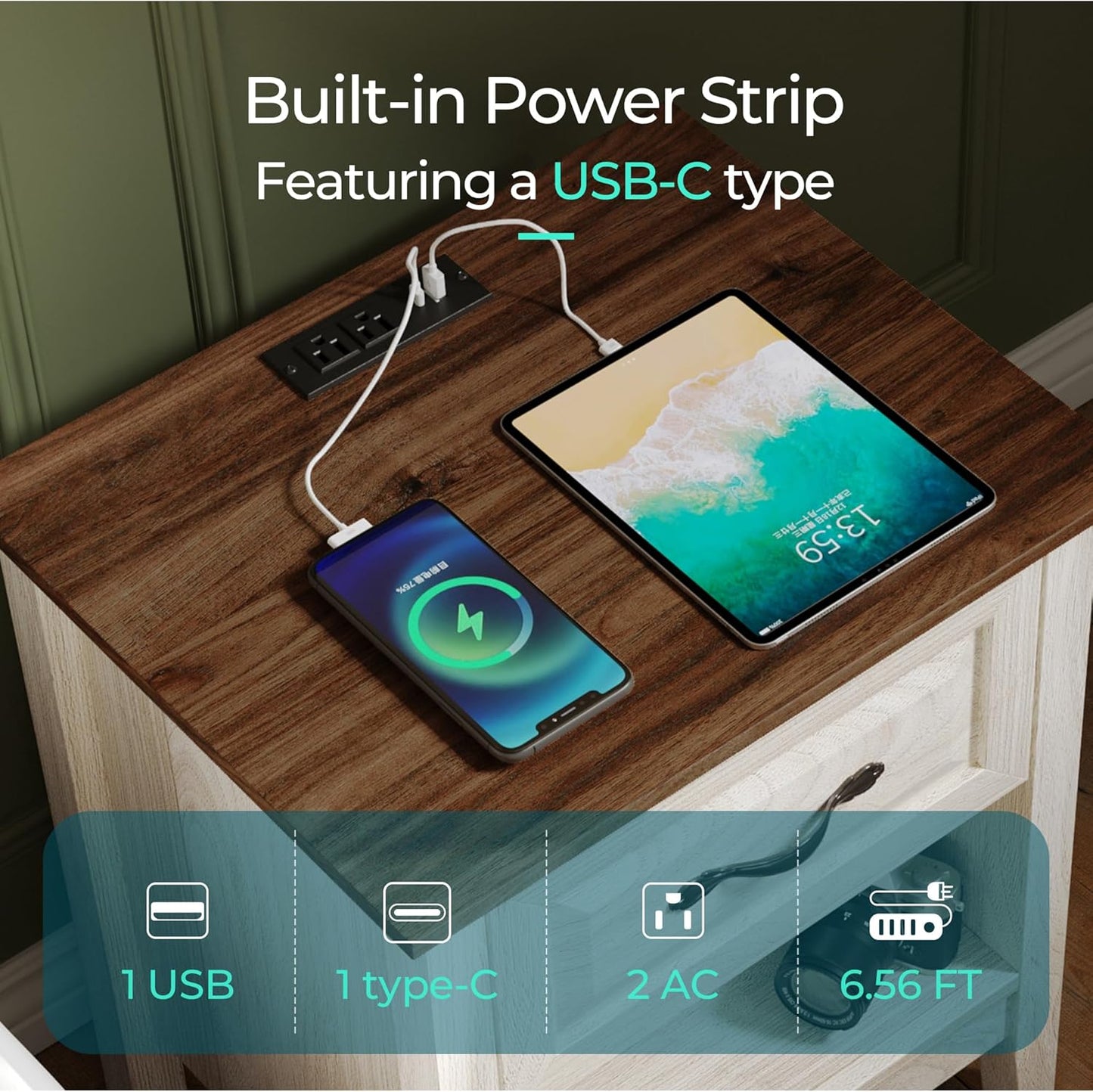 Night Stand 18.9" Farmhouse Wood Night Stand with Type-C Charging Station Open Storage Shelf Nightstands with Drawer Side Table End Table for Bedroom Living Room Sofa Couch Office Beige