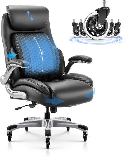 Office Ergonomic Desk High Back Executive Chair with Pop-Out Lumbar Support, Upgraded Casters, Adjustable Headrest, Flip-Up Arms, Leather Home with Thick Cushion for Comfort - Black