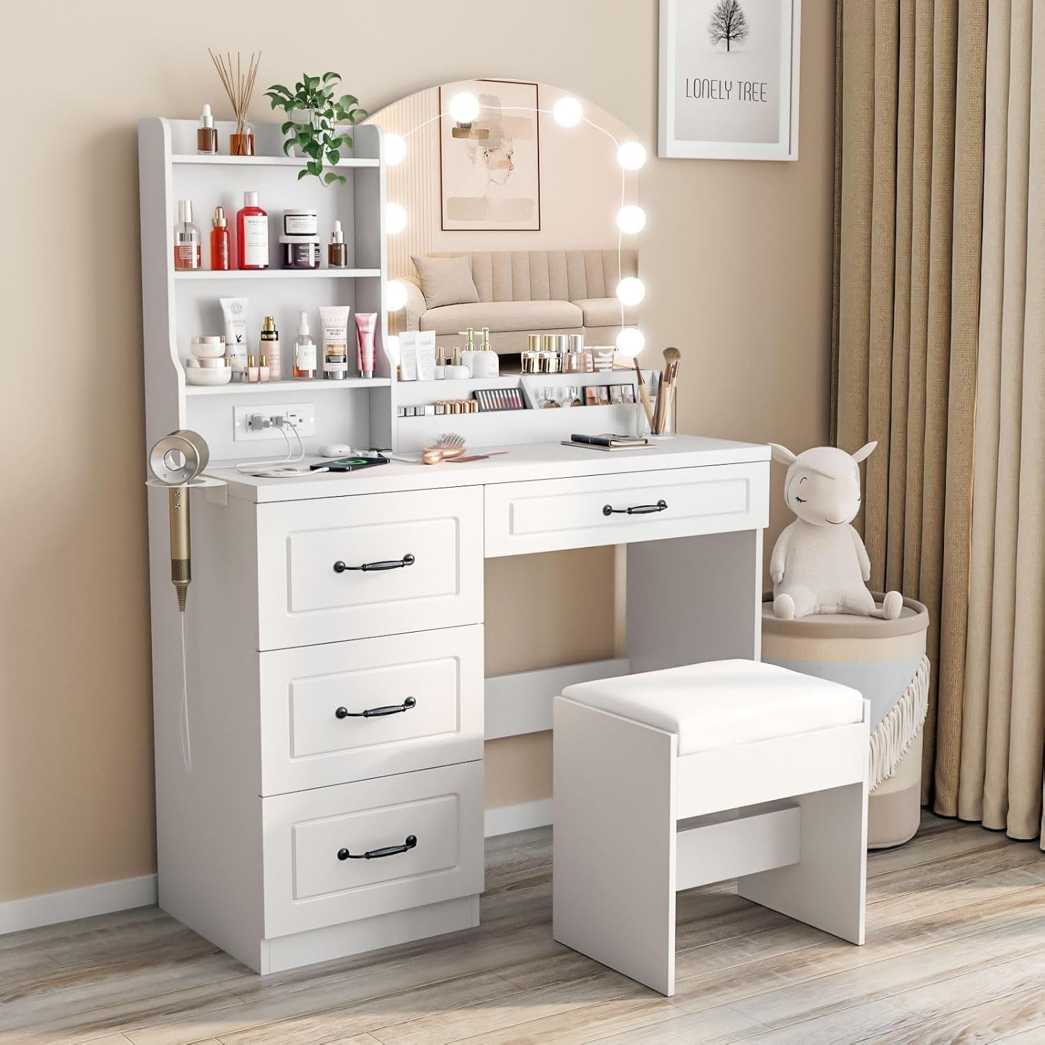 Makeup Vanity Desk with Lights and Charging Station, White Vanity Set Makeup Table with 4 Drawers Lots Storage, 3 Lighting Colors, Large Size 39.4In(W)