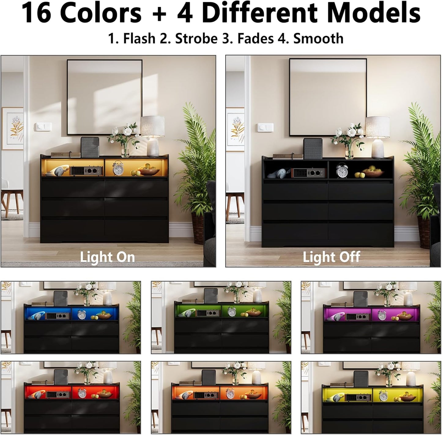 6 Drawer Dresser with Wall Hook, LED Lights & Power Outlet, Simply Chest of Drawers & Open Storage Shelves, Modern TV Stand Console Table Cabinet for Bedroom, Black