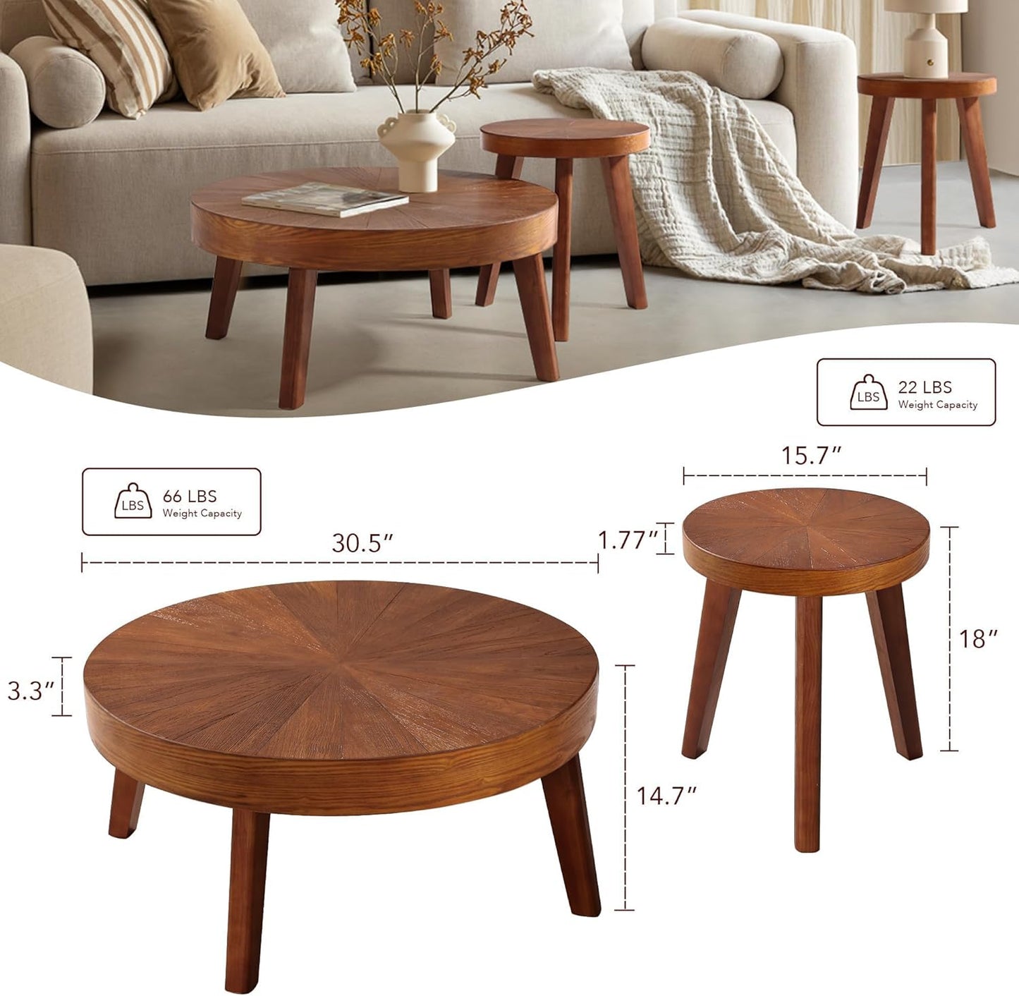 Farmhouse round Coffee Table Set of 3, Boho Sofa Side Nesting Tables End Table Set with Wood Natural Finish for Living Room, Bedroom, Home Office,Brown