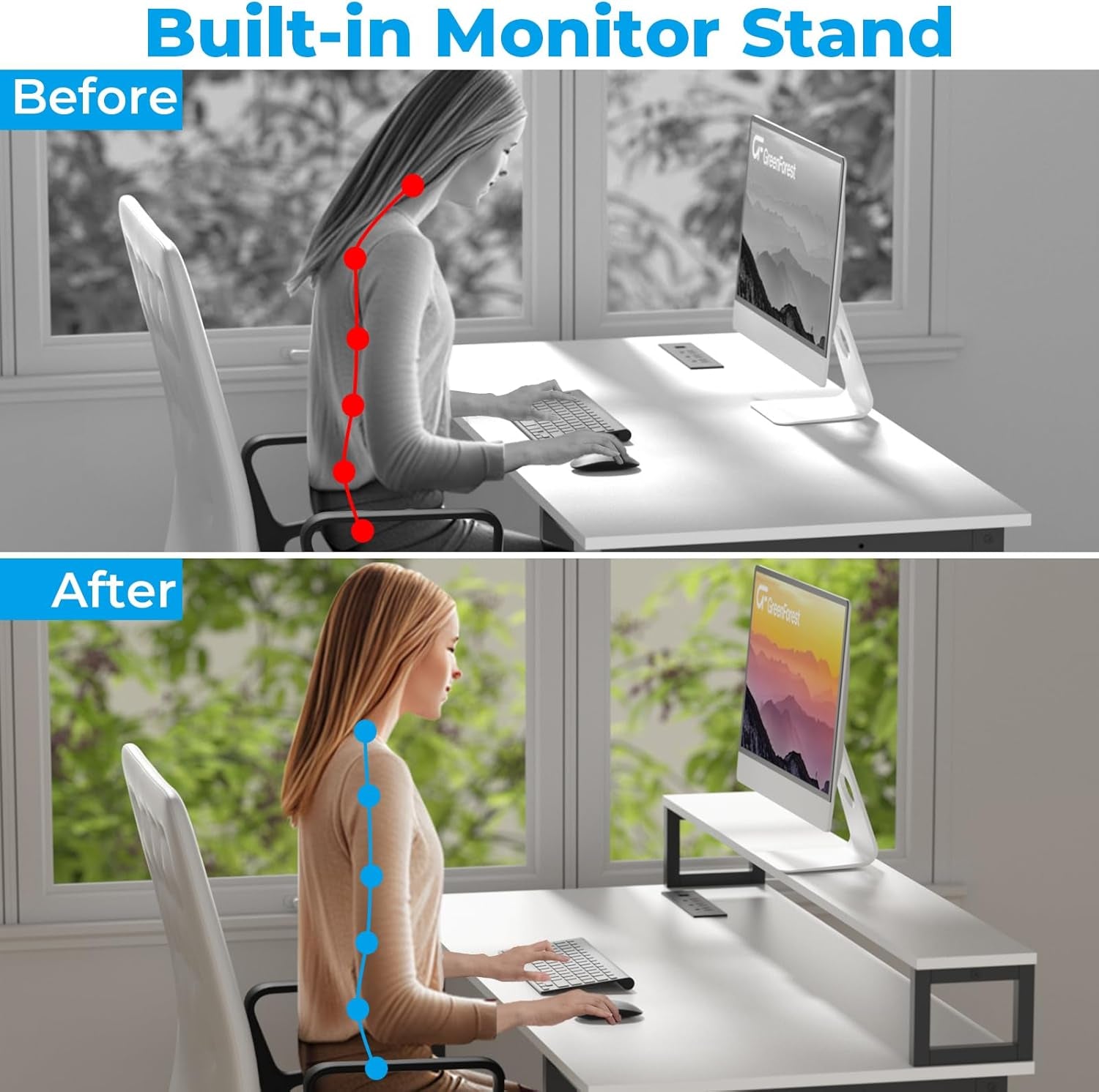 40 Inch Home Office Desk with Power Outlets, Small Computer Desk with Ergonomic Monitor Stand, Reversible Gaming Desk, Modern Study Desk, Laptop Desk, White