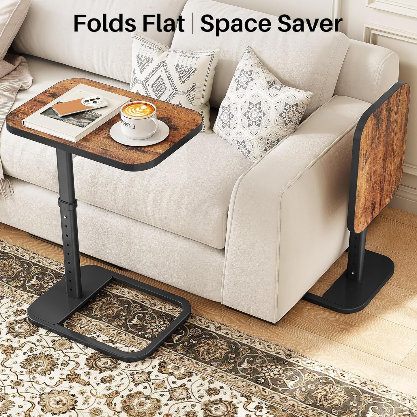 TV Tray Table, Adjustable Height & Flip-Top & Rounded Metal Corners, Snack Table for Couch, Sofa, Bed, Chair, Living Room, C Shaped End Side Table for Eating, Dinner or Laptop, Small Spaces