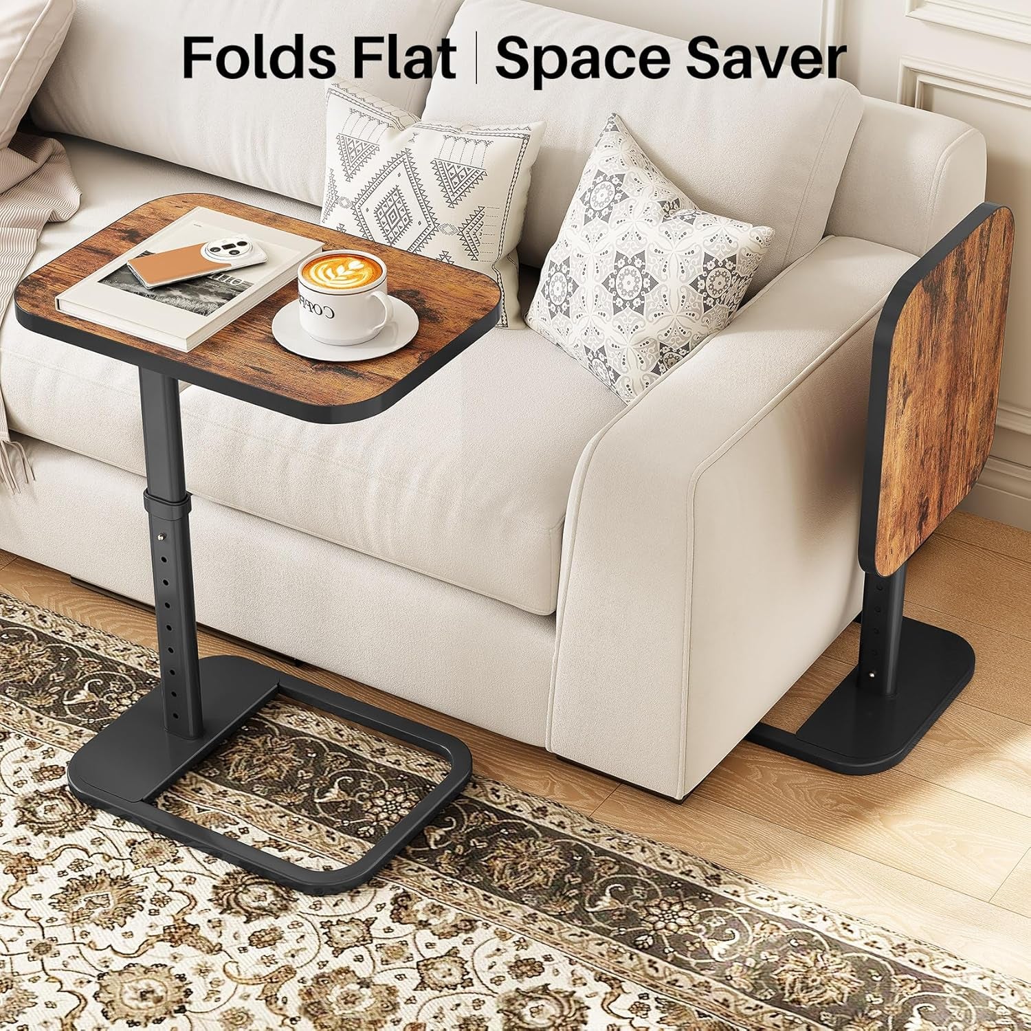 TV Tray Table, Adjustable Height & Flip-Top & Rounded Metal Corners, Snack Table for Couch, Sofa, Bed, Chair, Living Room, C Shaped End Side Table for Eating, Dinner or Laptop, Small Spaces