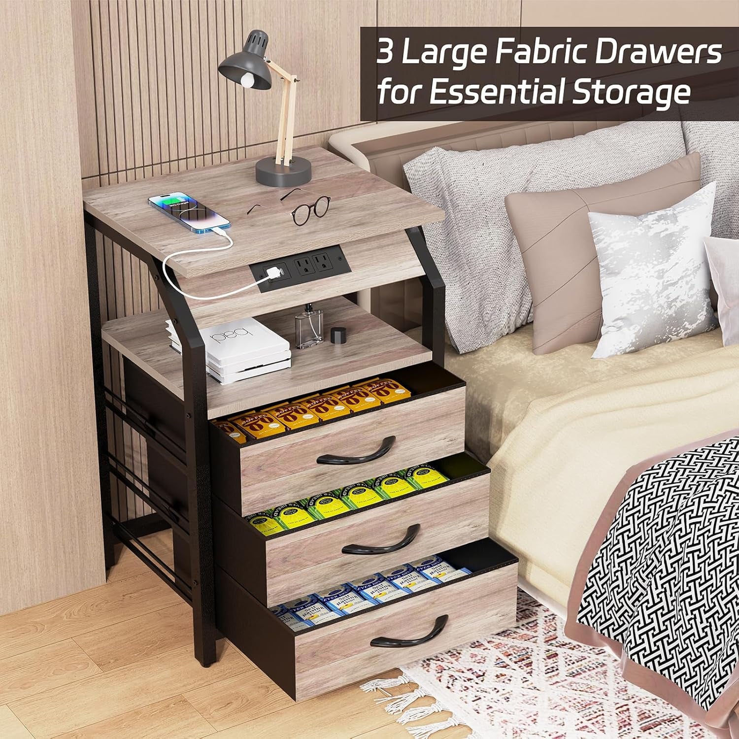 Night Stand Set of 2, Nightstands with Charger Station and LED Lights, End Tables Set with 3 Fabric Drawers, Storage Side Tables for Bedside, Living Room, Greige