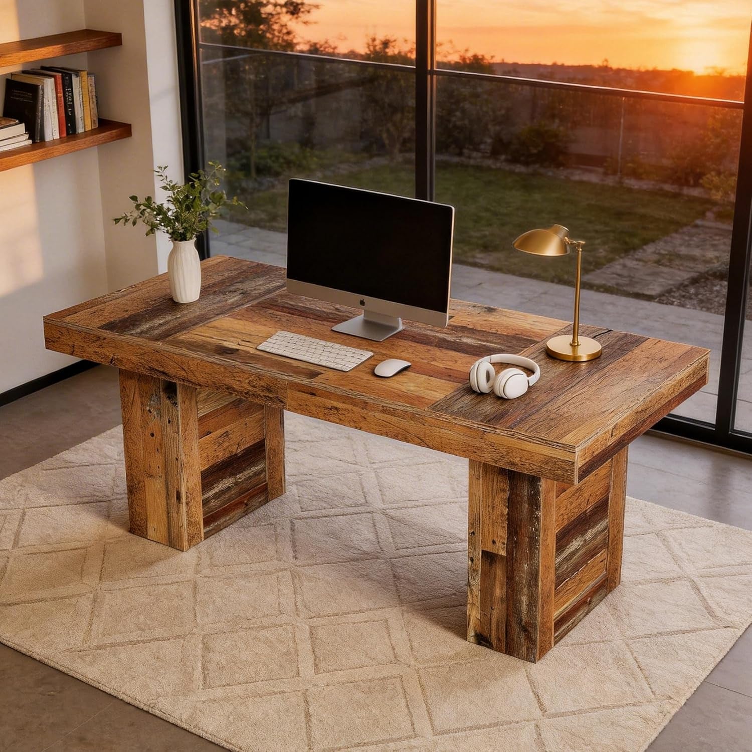 63" Large Executive Desk, Farmhouse Computer Office Desk Wooden Writing Table Rustic Rectangle Business Workspace Table for Home Office, Distressd Brown