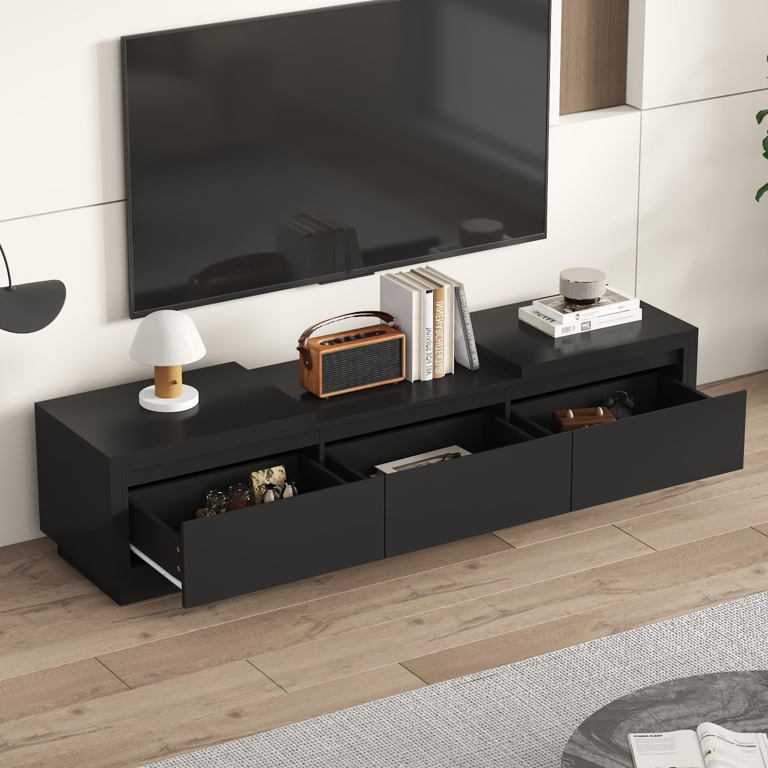 Deformable TV Console with 3 Drawers, Modern Extendable TV Stand in Stretch of 65"-106" Wide, Wood Media Gaming Entertainment Center, Black