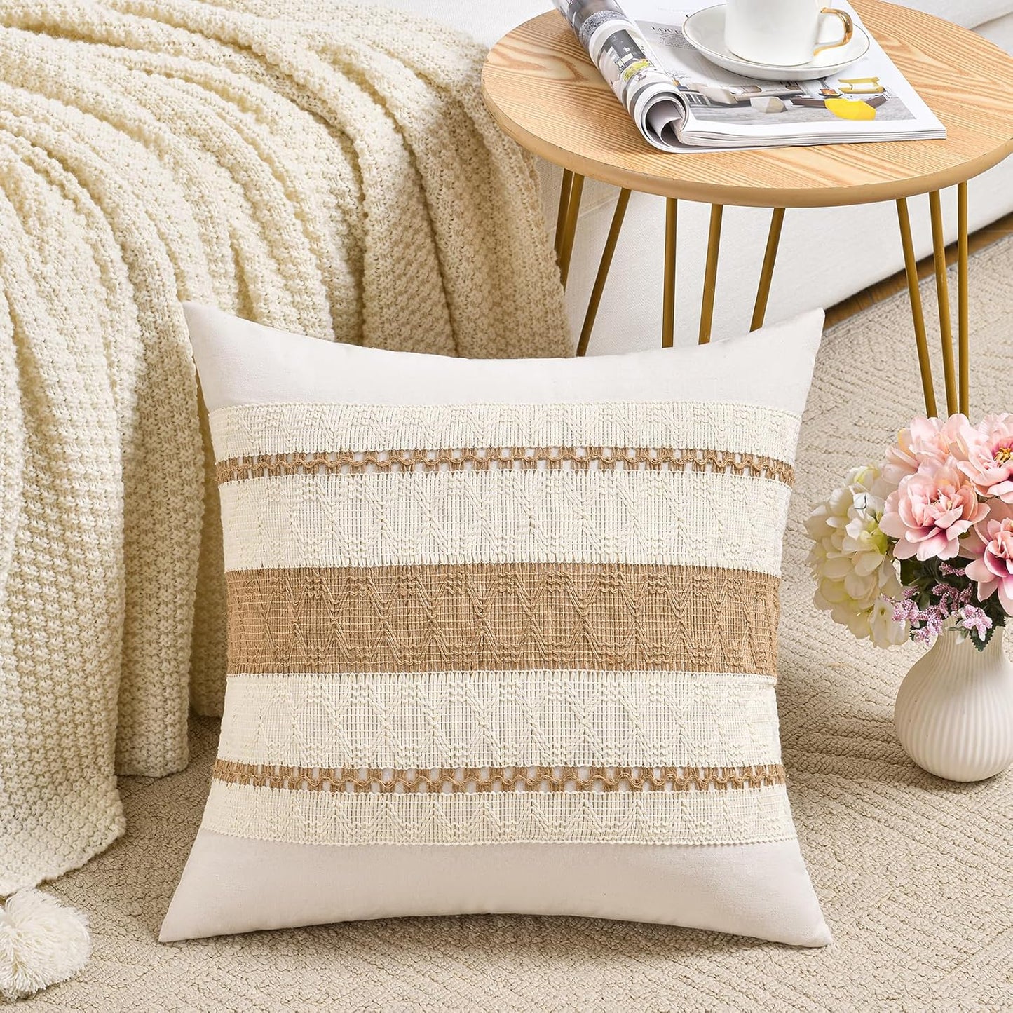 Set of 2 Boho Neutral Decorative Throw Pillow Cover 18X18 Inch for Couch Bed Sofa, Aesthetic Modern Organic Farmhouse Home Decor, Soft Cotton Cute Accent Macrame Woven Tan Cushion Case