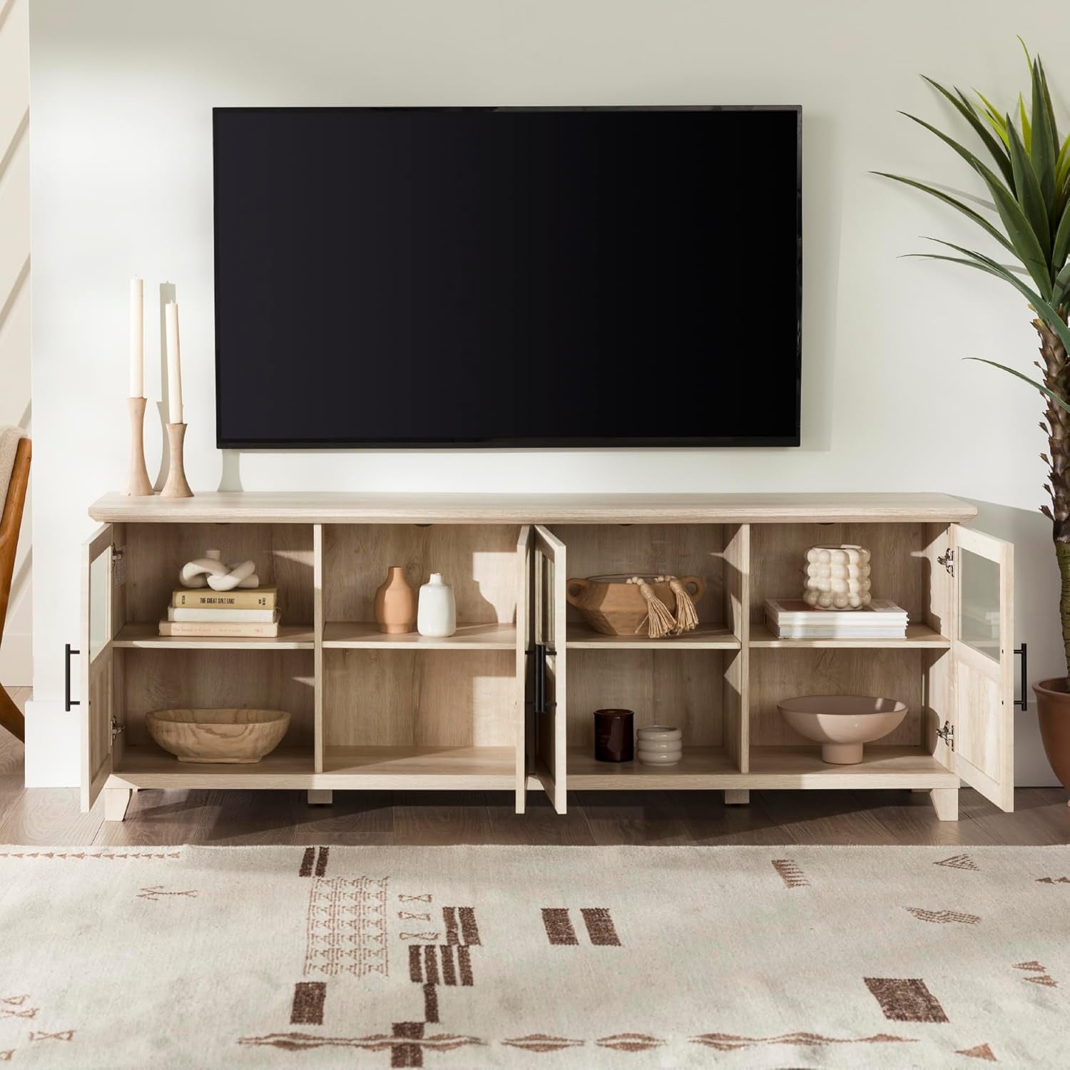 Farmhouse Glass and Wood TV Stand for Tv'S up to 80" Universal TV Stand for Flat Screen Living Room Storage Cabinets and Shelves Entertainment Center, 70 Inch, White Oak