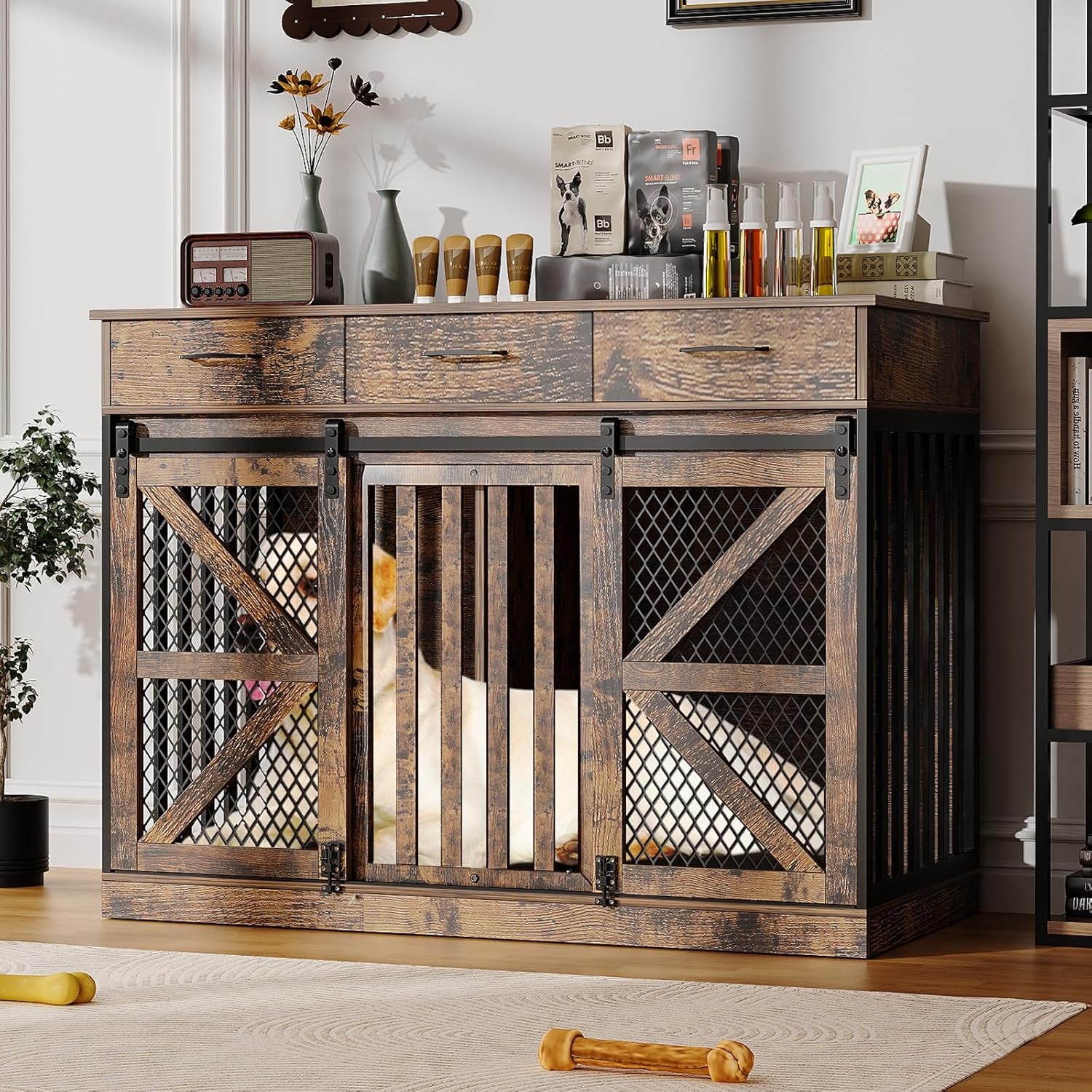 48'' Dog Crate Furniture with Divider&Storage Drawers, Wooden Double Dog Kennel Furniture End Table with Sliding Barn Doors, White Double Dog Crate TV Stand