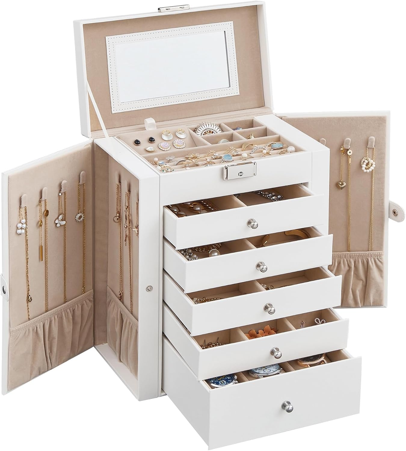 6 Tier Jewelry Box, Jewelry Storage Organizer with 5 Drawers, Large Storage Capacity, with Mirror, Lockable, Jewelry Case, Gift for Loved Ones, for Watches, Black UJBC152B01