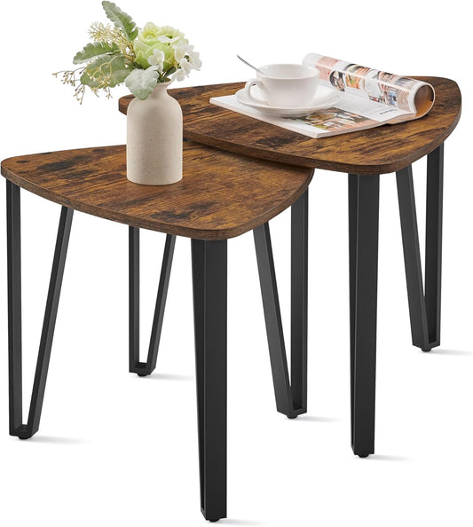 Nesting Coffee Tables, End Tables Set of 2 for Living Room Bedroom, Industrial Small Stacking Side Tables with Metal Frame for Couch, Rustic Brown and Black ULET013B01