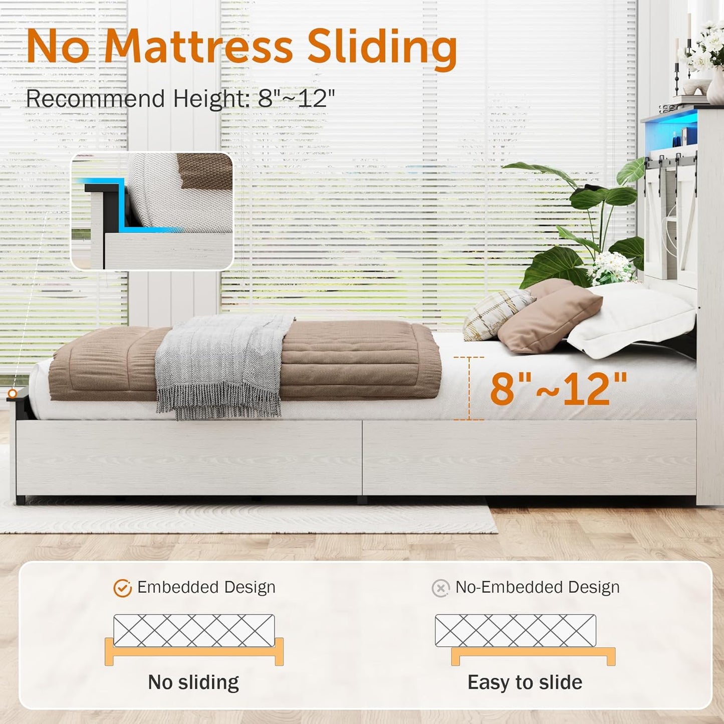 Queen Bed Frame with Barn Door Storage Headboard and 2 Drawers, USB Ports and LED Lights,Wood Platform Bed and All-Steel Support,No Noise,No Box Spring Needed,Antique White
