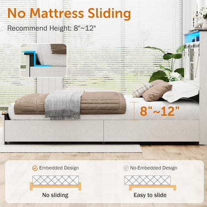 Queen Bed Frame with Barn Door Storage Headboard and 2 Drawers, USB Ports and LED Lights,Wood Platform Bed and All-Steel Support,No Noise,No Box Spring Needed,Antique White