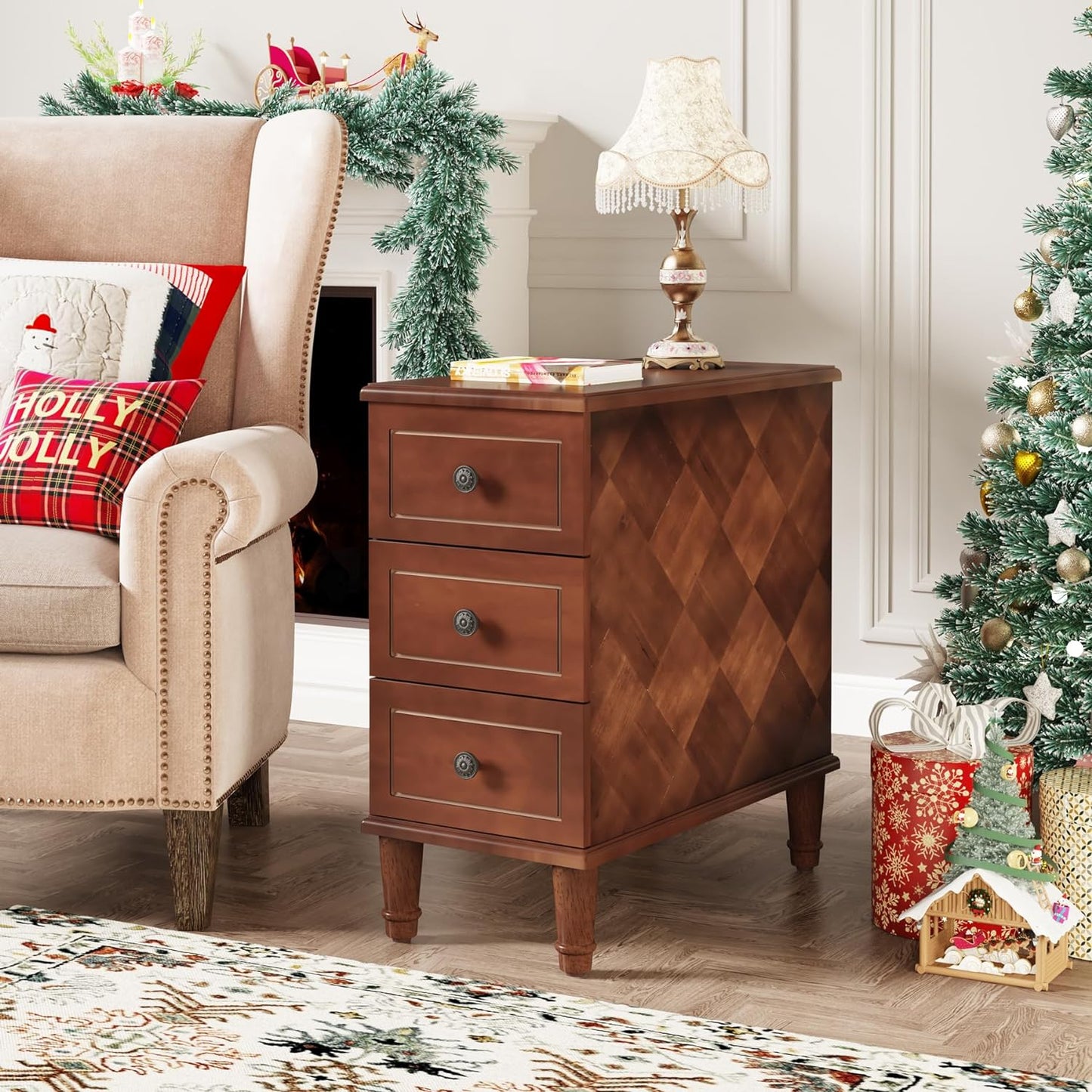 Solid Wood End Table, Fully Assembled Narrow Side Table with Drawers, Pre-Assembled Nightstand Slim Bedside Table for Small Spaces, Living Room, Bedroom, Walnut