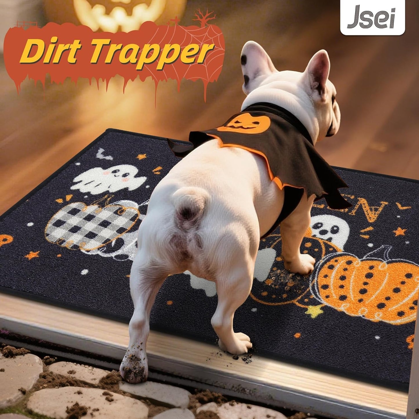 Halloween Holiday Doormat, 17''X30'' Non-Slip Ghost and Pumpkins Decorative Welcome Mats for Floor, Low-Profile Entryway Rugs Washable, Pumpkins Party Pattern