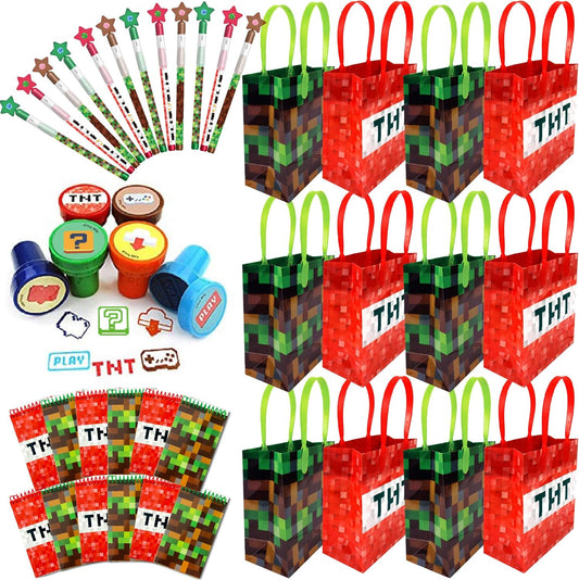 Pixel Miner Party Favor Set of 60 Pcs (12 Party Favor Treat Goody Bags with Handles, 24 Self-Ink Stamps for Kids, 12 Multi-Point Pencils, 12 Small Spiral Notepads)