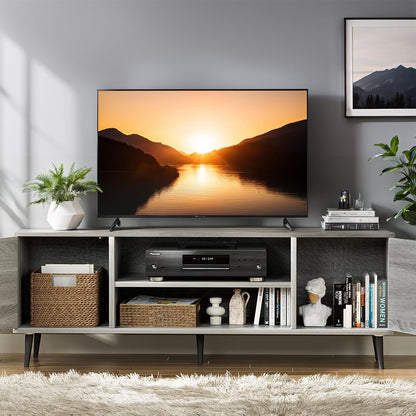 Modern TV Stand for 65" Television, Entertainment Center with Two Storage Cabinets, Retro Style Media Console for Living Room, Bedroom, Office, 58 Inch, Light Gray