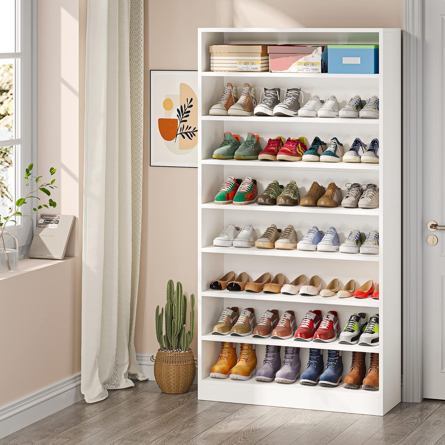 Shoe Cabinet, 9 Tiers 40-45 Pairs Heavy Duty Wood Freestanding Shoe Storage Cabinet, 70.8'' Tall Shoe Cabinet with Open Storage for Entryway, White