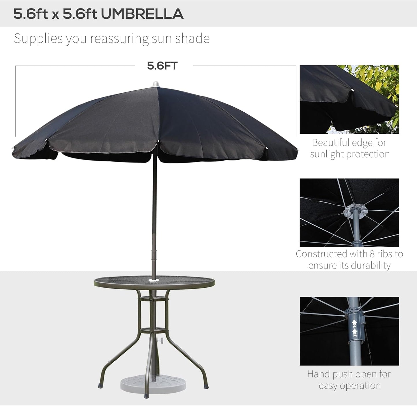 6 Piece Patio Dining Set for 4 with Umbrella, Outdoor Table and Chairs with 4 Folding Dining Chairs & round Glass Table for Garden, Backyard and Poolside, Black and Coffee