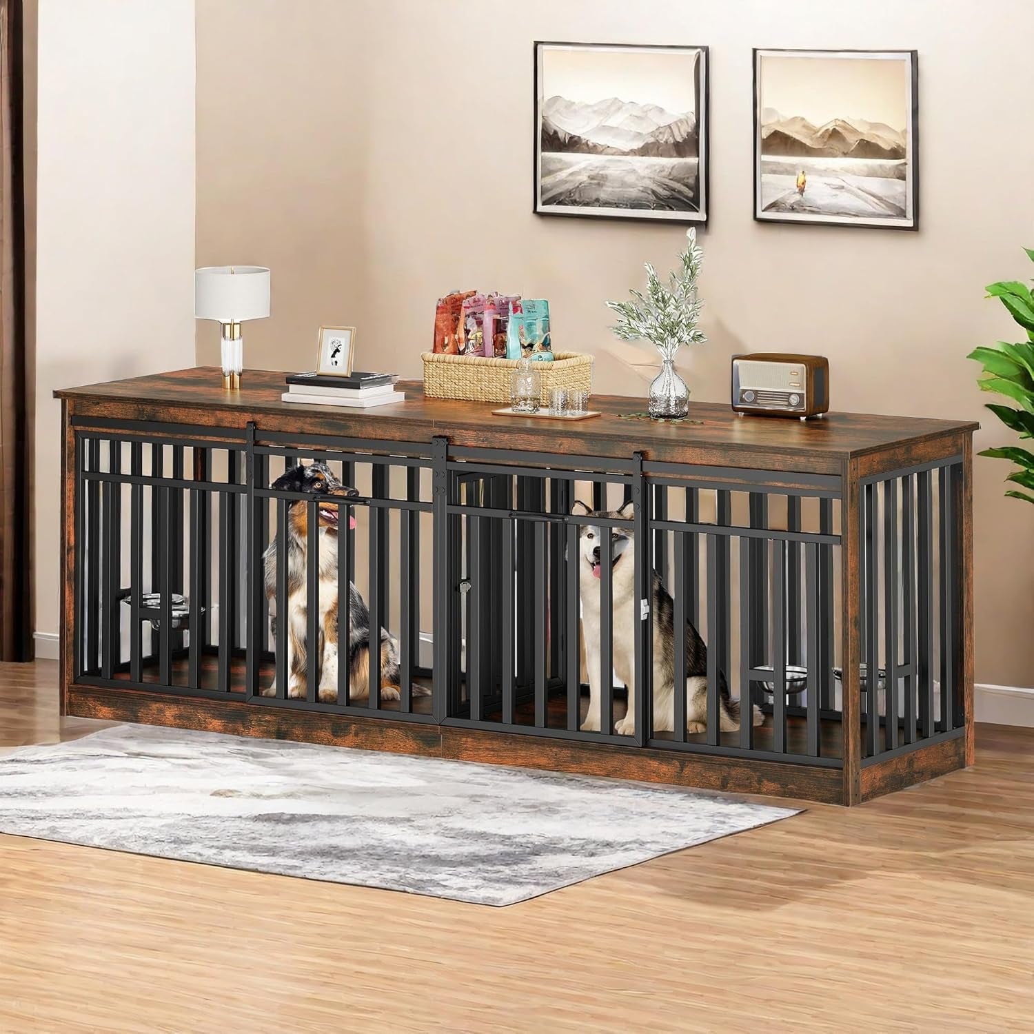 55 Inch Large Dog Crate Furniture, Heavy Duty Wooden Dog Crate TV Stand with 2 Dog Bowls, Metal Dog Kennel Indoor Furniture Sliding Barn Door Design for Extra Large Dogs, Black Oak