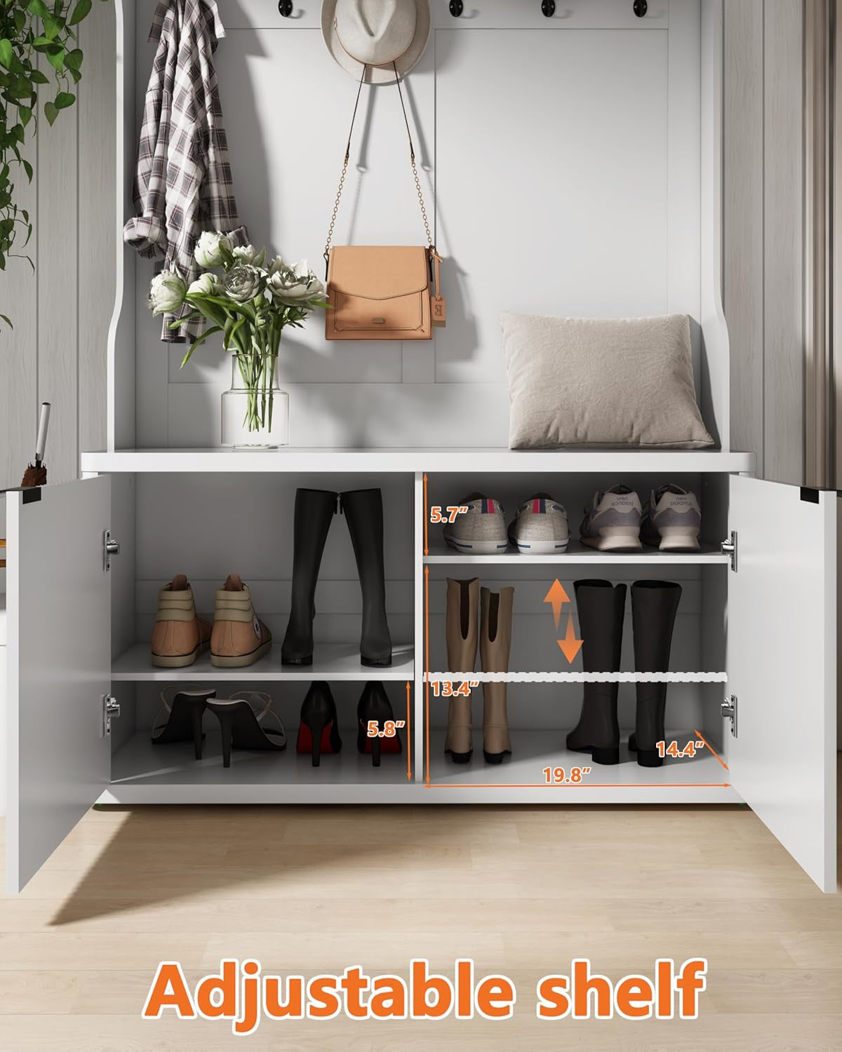 Hall Tree with Bench and Shoe Storage,42.5" W Morden Fluted Entryway Coat Rack with Shoe Bench Cabinet, Entryway Furniture, White Multi-Purpose Home Organizer,6 Coat Hooks