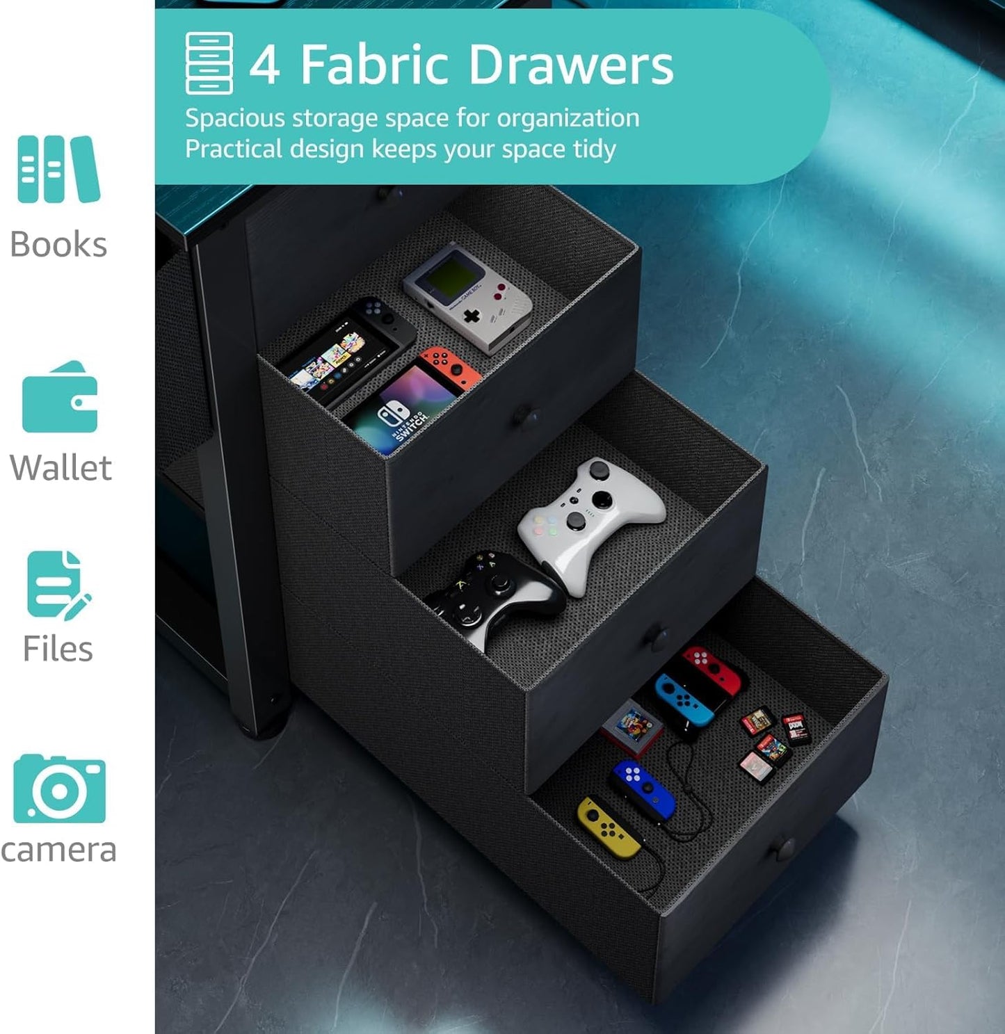 Black L Shaped Desk with Led Lights and Power Outlets, 47 Inch Writing Study Computer Gaming Desks with Fabric Drawers for Bedroom, Home Office Corner Desk with Monitor Stand Shelves, Black