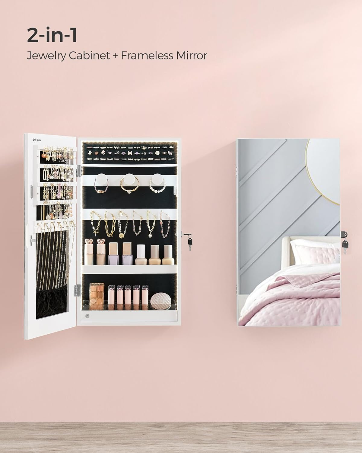 Mirror Jewelry Cabinet Armoire with Built-In LED Lights, Wall or Door Mounted Jewelry Storage Organizer, 3.8 X 14.6 X 26.4 Inches Hanging Mirror Cabinet, Gift Idea, White UJJC050W01