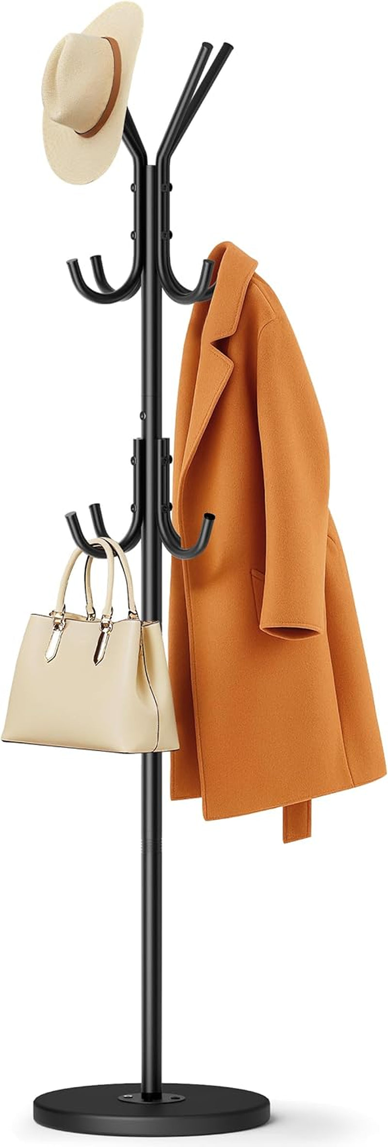 Heavy Duty Coat Rack Freestanding with Stable Wood Base Modern Black Coat Tree with 12 Hooks Adjustable Coats Hanger Stand Stylish Standing Clothes Tree for Entryway Bedroom Corner Hall