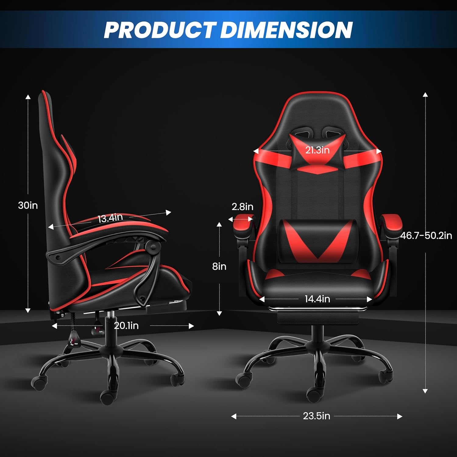 Gaming Chair, High Back Office Computer Desk Chair with Adjustable Lumbar Support, Recliner Swivel Video Game Chair with Footrest, Height Adjustable Seat and Backrest, Black/Red