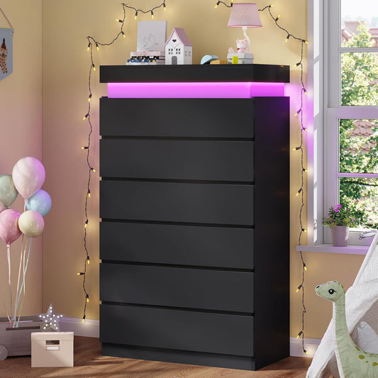 Tall 6 Drawer Dresser with LED Light, Black Modern Chest of Drawers for Bedroom,Closet Dressers with Drawers for Living Room, Entryway, Hallway