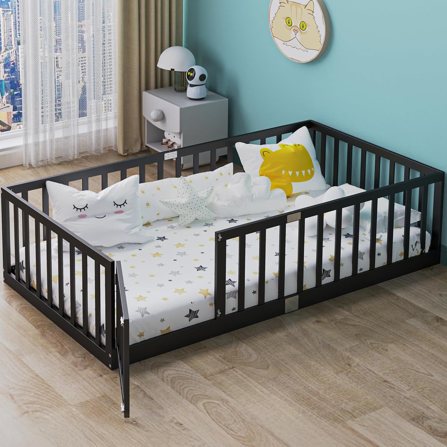 Twin Size Floor Bed for Kids Wooden Toddler Floor Bed Frame Safe Comfortable Baby Floor Bed for Children,Black,40.9"*77.5"(Mattress Not Included)