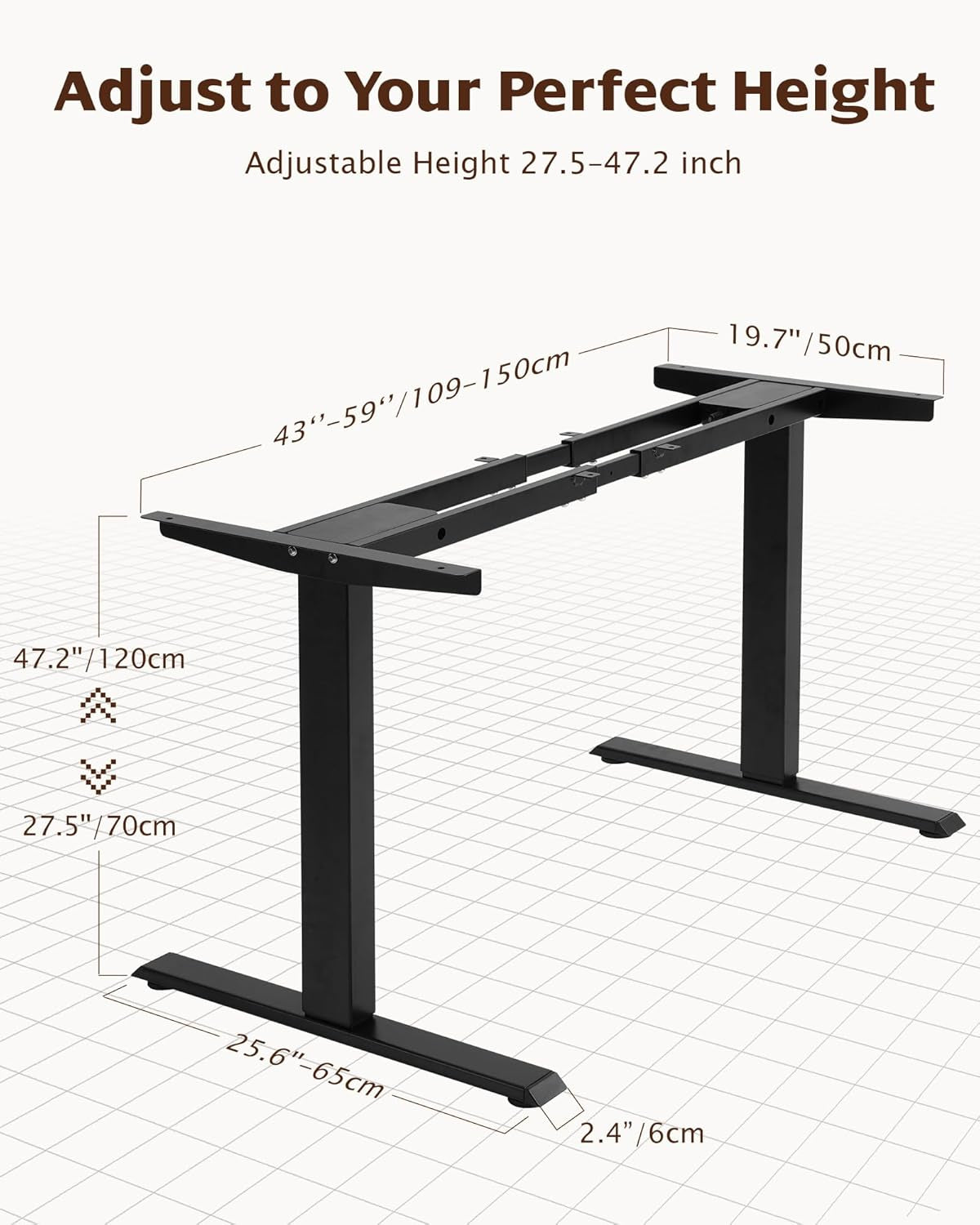 Dual Motor Electric Adjustable Standing for up to 70.8”X31.5” Table Tops, 225 Lbs Weight Capacity, Computer Desk for Home and Office (Black Frame Only)