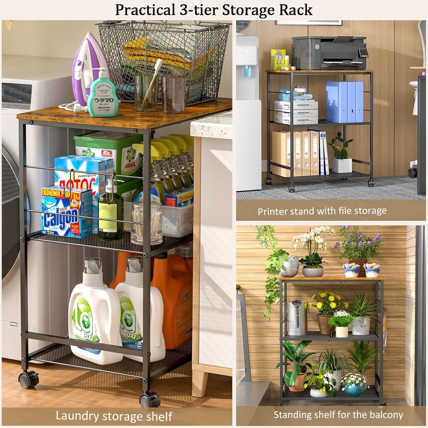 Rolling Kitchen Microwave Cart, 3 Tier Microwave Table Stand with Storage, Kitchen Utility Cart on Lockable Wheels, Small Coffee Cart Shelf Rack Organizer for Living Room Office, Balcony
