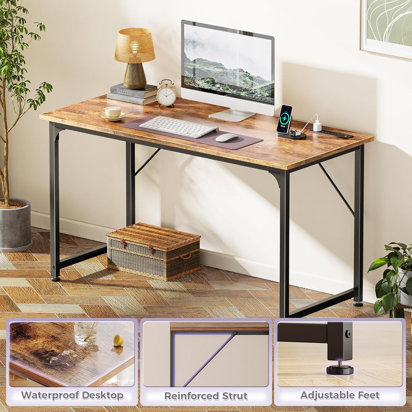 47 X 20 Inch Office Computer Desk with Power Outlets and USB-C Port, Larger Gaming Desk, for Home Office, Study, Bedroom, Writing Work from Home Table, Metal Frame, Rustic Brown