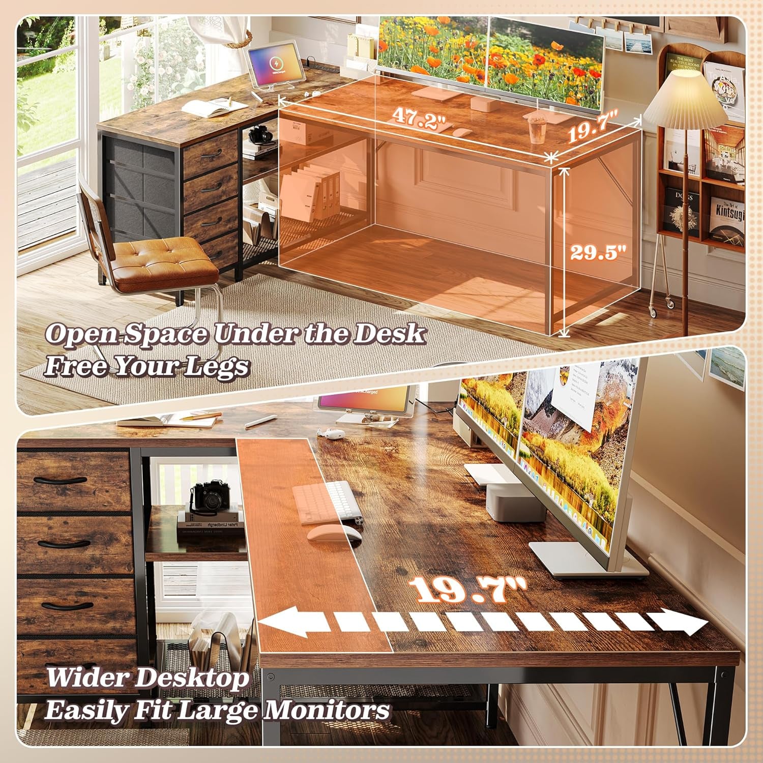 61" L Shaped Desk with Power Outlets and USB-C Port, Reversible Computer Corner Office Desk with 4 Fabric Drawers and 2 Height-Adjustable Shelves, Large for Gaming Writing Study, Rustic Brown