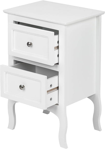 White Nightstand Set of 2, Nightstands with 2 Drawers, Bed Side Table/Night Stand, Small Nightstand for Bedroom, Small Spaces, College Dorm, Kids’ Room, Living Room, Wood, 16W X 12D X 24H