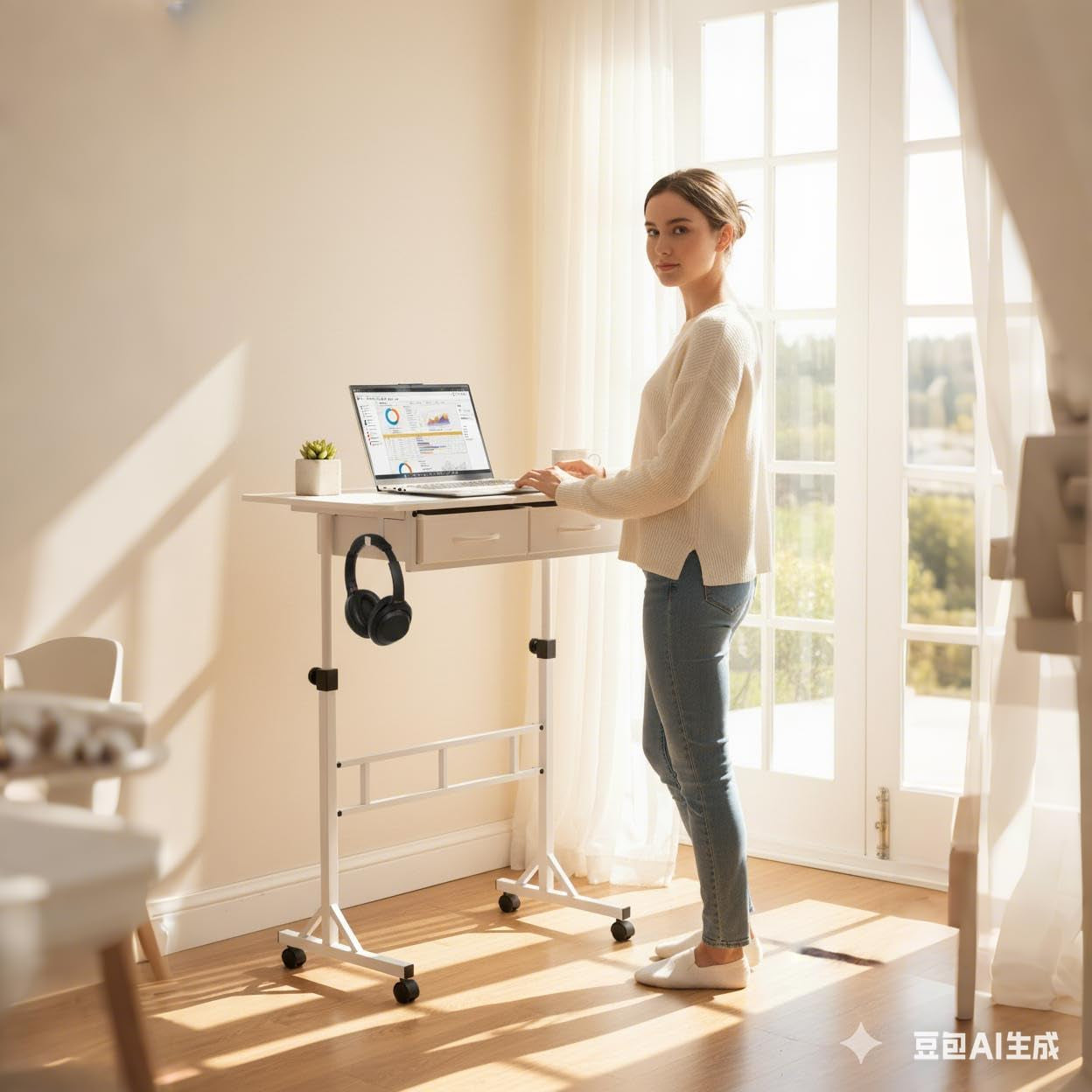 Adjustable Small Standing Desk with Drawers, Height Adjustable Rolling Desk for Home Office, Portable Small Computer Desk with Wheels for Walking Pad, White, Height 27.6"-49.2"