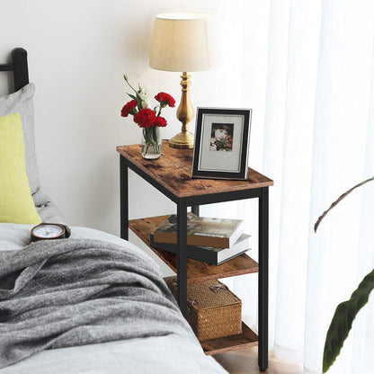 End Table, Simple Rustic Side Table with 3-Tier Storage Shelf, Narrow Nightstand for Small Spaces, for Living Room, Bedroom,Easy Assembly, Industrial Design, Rustic Brown and Black BF14BZ01