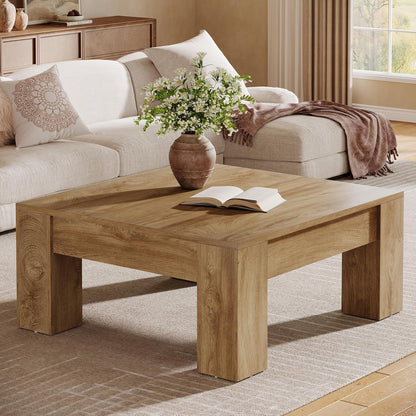 Square Coffee Table, 39-Inch Farmhouse Wooden Coffee Table with Sturdy Legs, Rustic Accent Center Table for Living Room, Easy Assembly, Light Brown