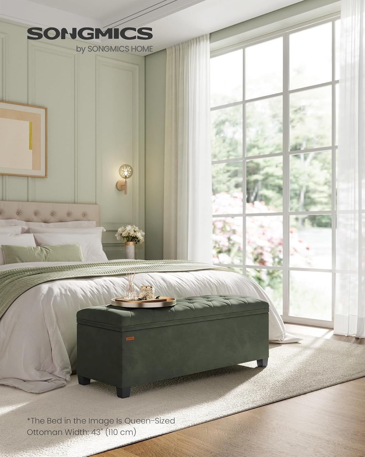 Velvet Storage Ottoman Bench, Foot Rest with Legs, 15.7 X 43 X 15.7 Inches, End of Bed Bench, Storage Chest, Load up to 660 Lb, for Living Room, Bedroom, Entryway, Forest Green ULSF089C01