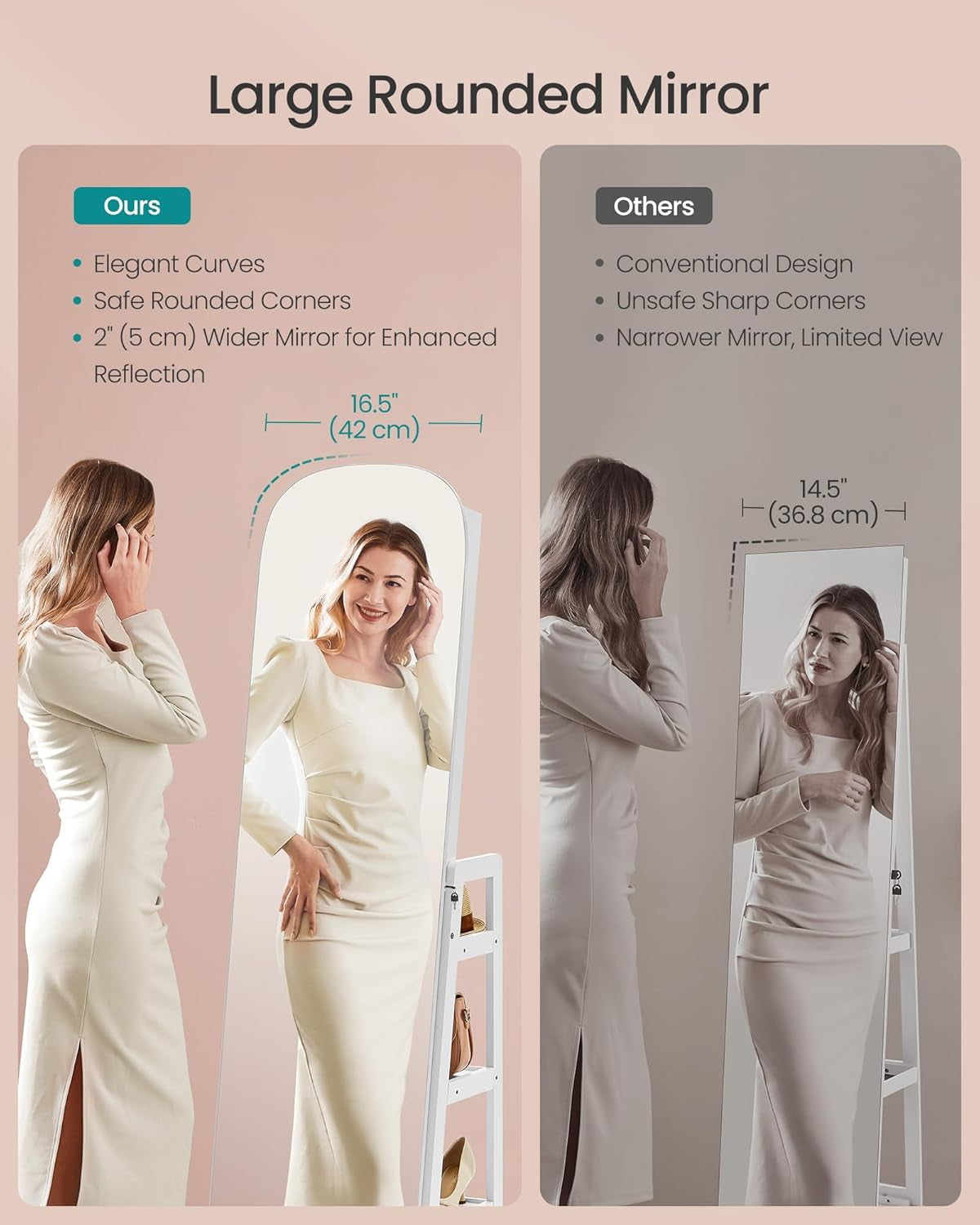 LED Jewelry Cabinet, 360° Swivel Jewelry Organizer, Lockable Mirror Jewelry Cabinet Standing, Rounded Wide Full-Length Mirror with Storage Shelves, Interior Mirror, Cloud White UJJC036W01