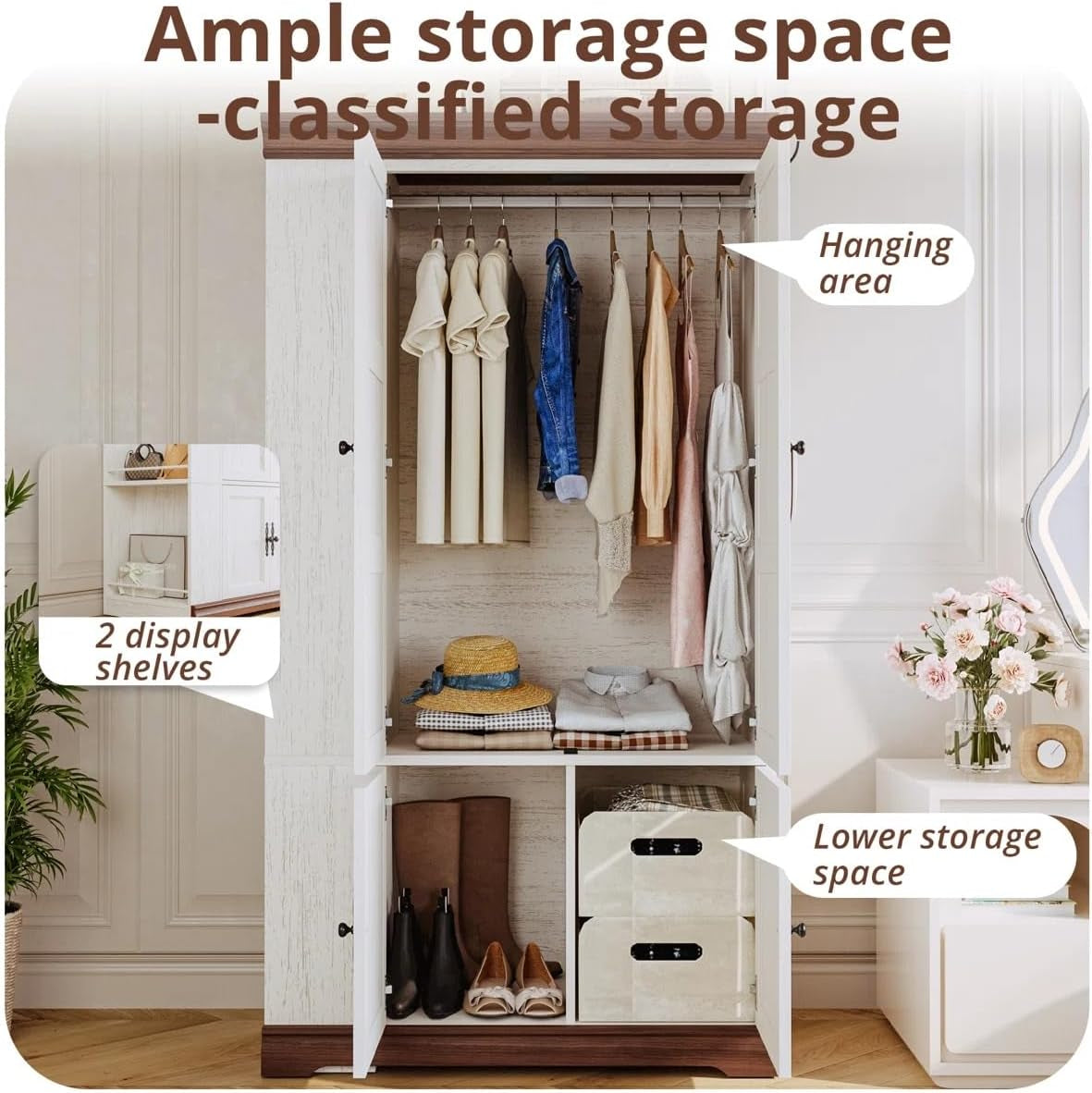 Armoire Wardrobe Closet with Side Half Mirror, 70" Freestanding 4-Door Storage Cabinet for Bedroom, Features Side Hooks, Open Compartments, Hanging Rod & Shelves, White Armoire