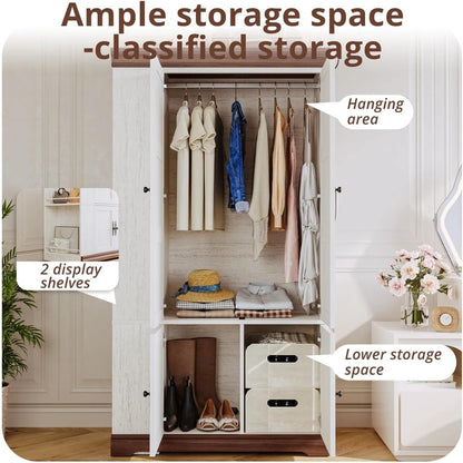 Armoire Wardrobe Closet with Side Half Mirror, 70" Freestanding 4-Door Storage Cabinet for Bedroom, Features Side Hooks, Open Compartments, Hanging Rod & Shelves, White Armoire