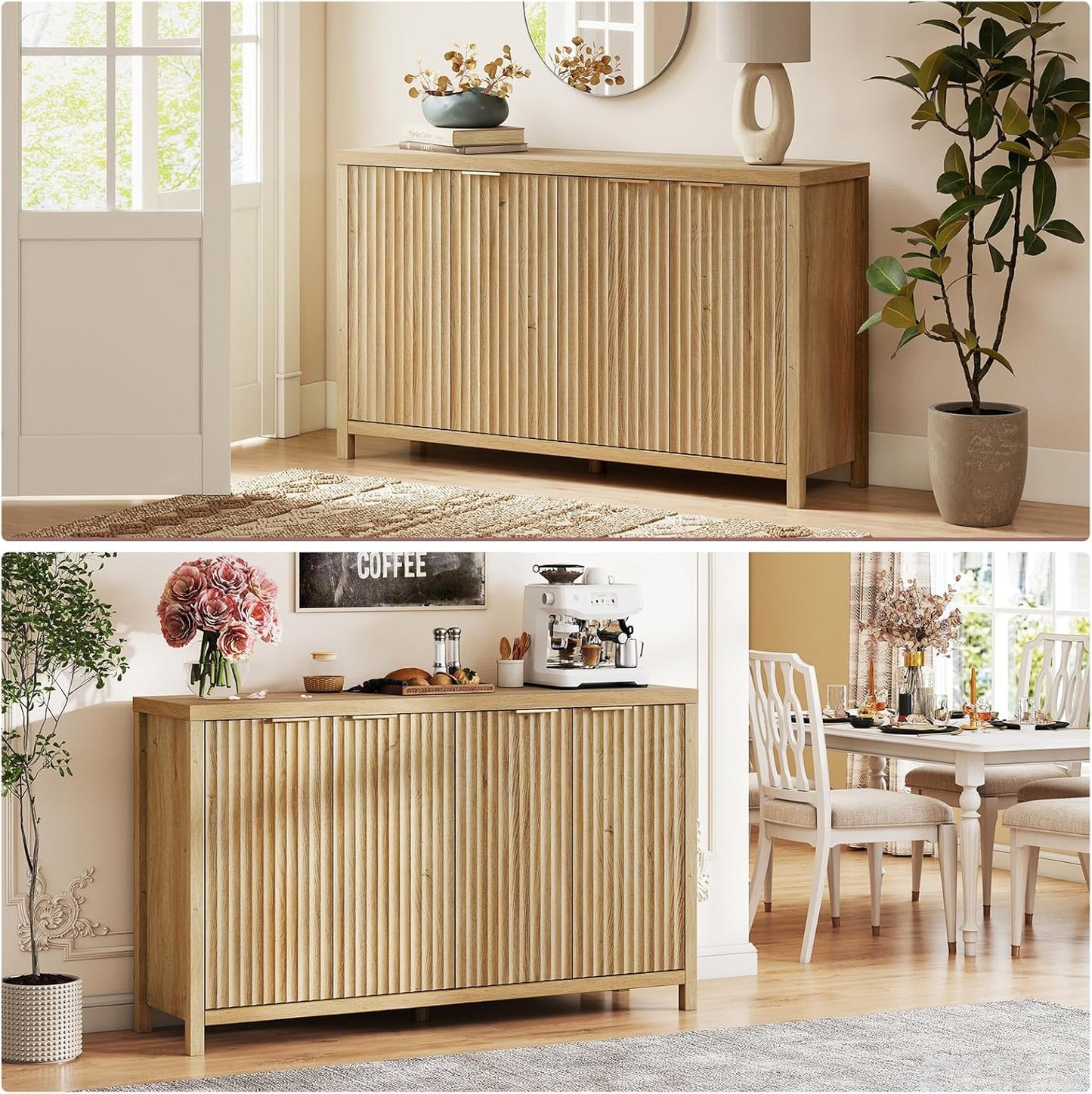 Buffet Cabinet Fluted Sideboard 56" Accent Cabinet with Adjustable Shelves 4 Doors Modern Storage Credenza for Living Room Kitchen Hallway,Golden Oak