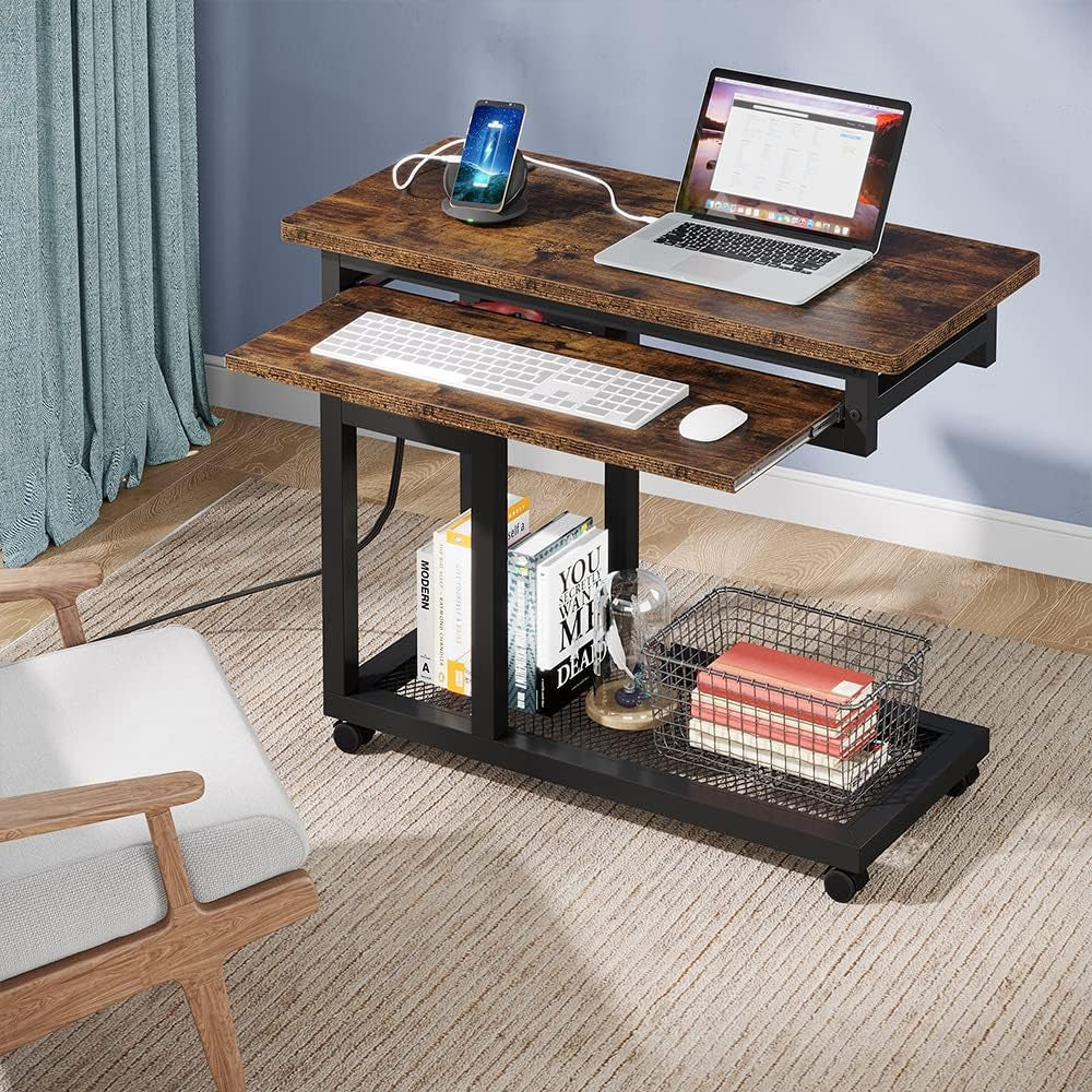 Small Portable Desk with Power Outlet, Height Adjustable Sofa Couch Bedside Laptop Table with Wheels, Mobile Standing Desk Rolling Computer Cart C Side Table with USB Ports